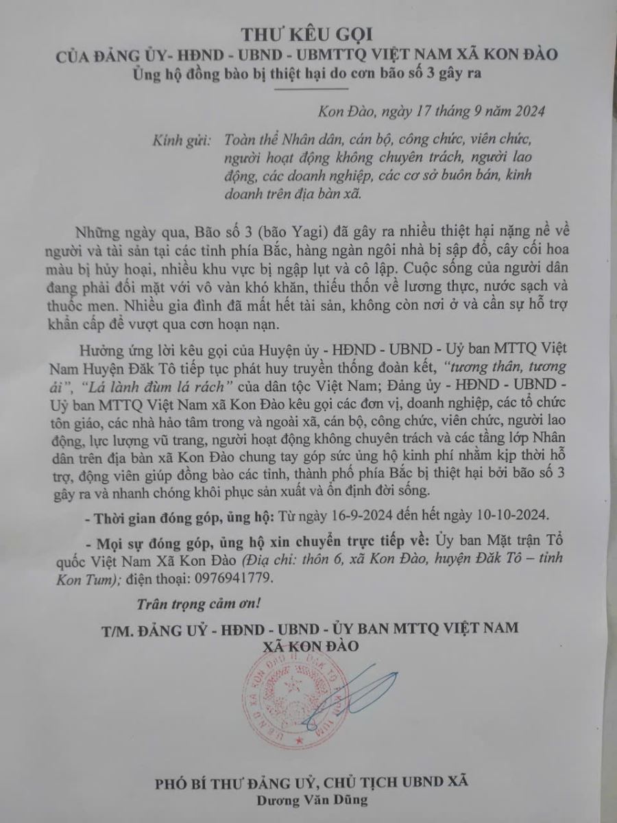 Thư kêu gọi ủng hộ đồng bào bị thiệt hại do bảo số 3 gây ra